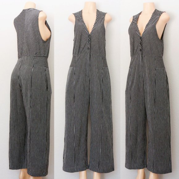 Free People The Liberty Jumpsuits Wide Leg Cotton Black White Striped 6 $128 - Picture 12 of 14